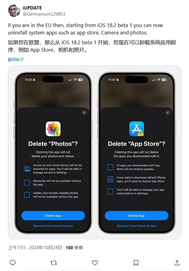 南岸苹果手机维修分享iOS 18.2 支持删除 App Store 应用商店 