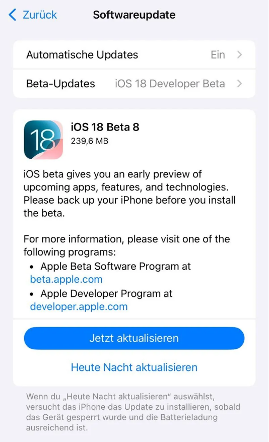 南岸苹果手机维修分享苹果 iOS / iPadOS 18 开发者预览版 Beta 8 发布 